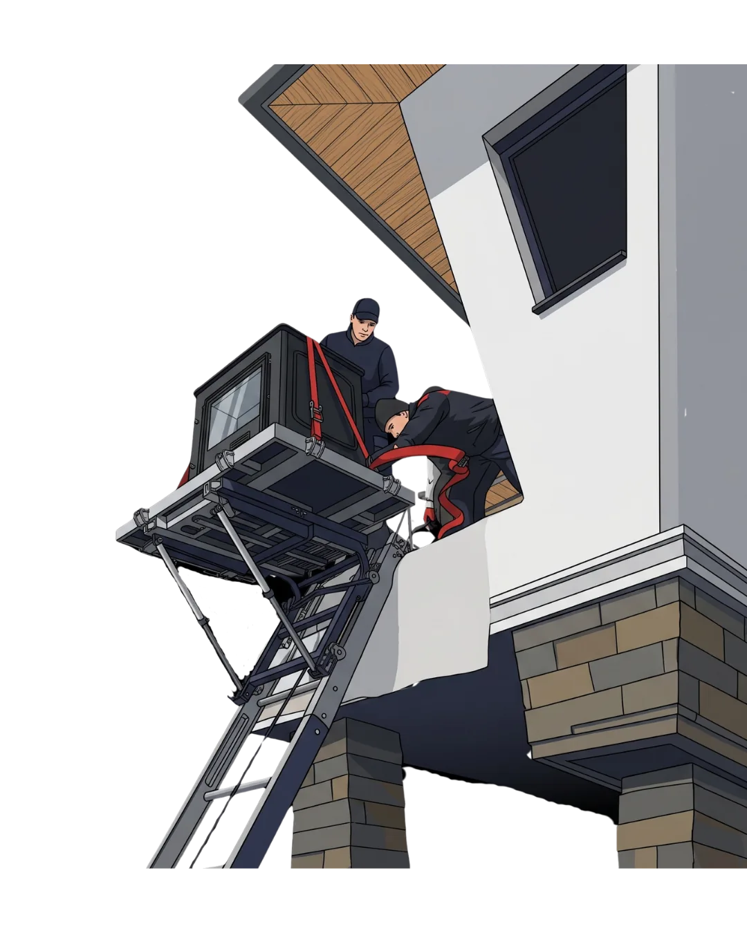 Ilustracja techniczna: wnoszenie żeliwnego kominka przez balkon na platformie windy modułowej GEDA przez ekipę Wektor
