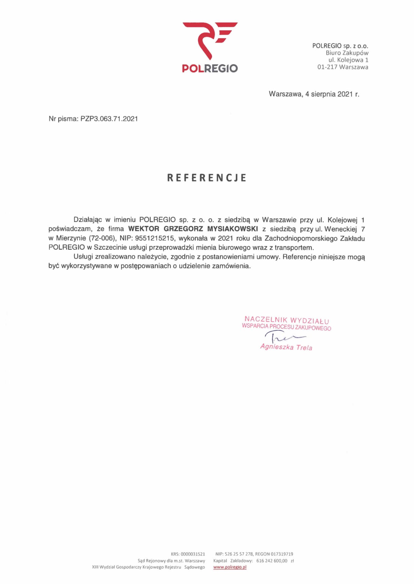 List referencyjny — POLREGIO sp. z o.o.