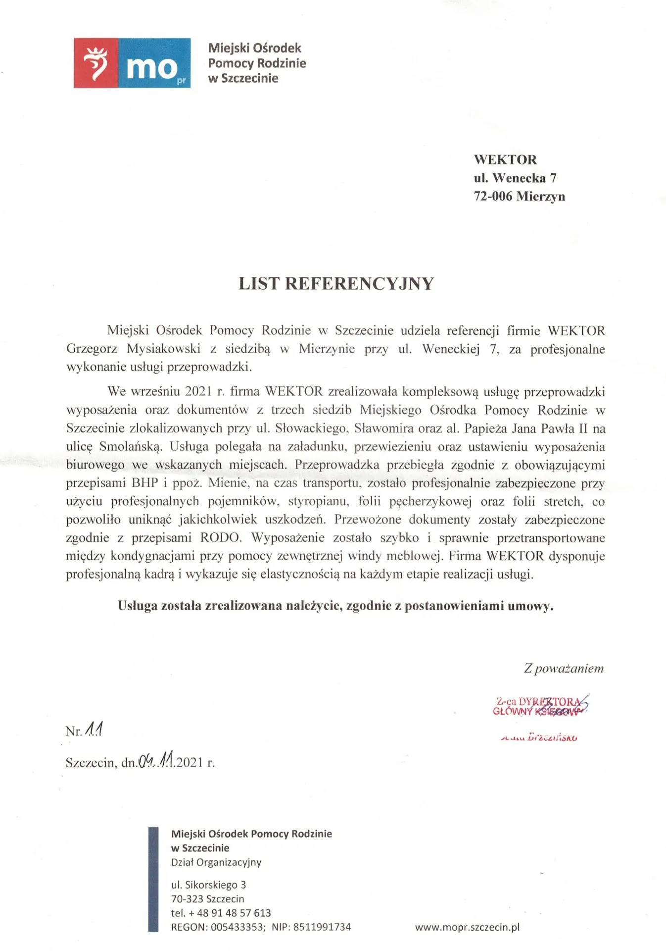 List referencyjny - Miejski Ośrodek Pomocy Rodzinie w Szczecinie