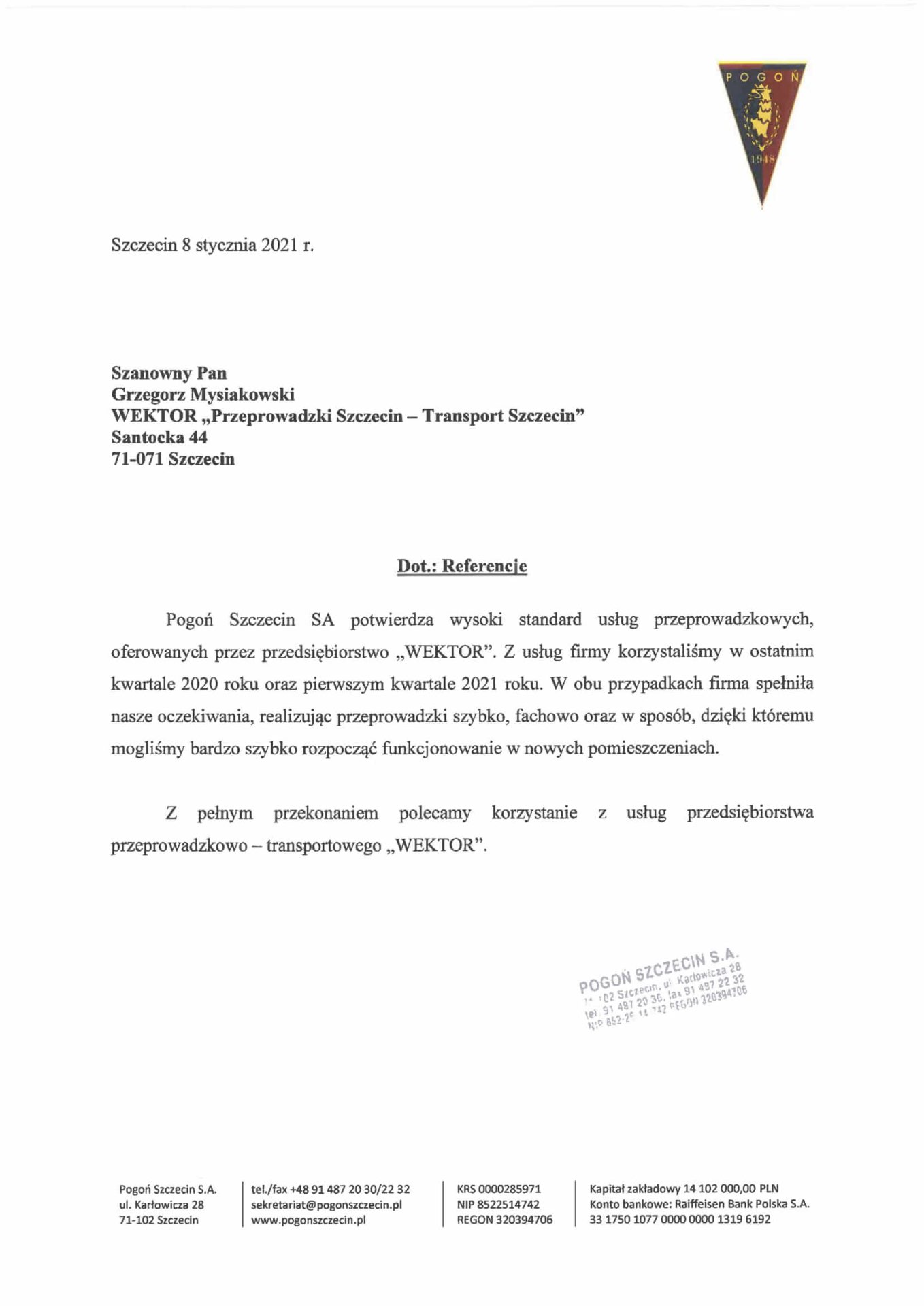 List referencyjny — Pogoń Szczecin S.A.