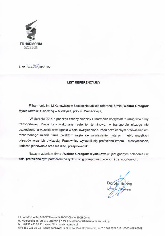 List referencyjny — Filharmonia im. M. Karłowicza w Szczecinie