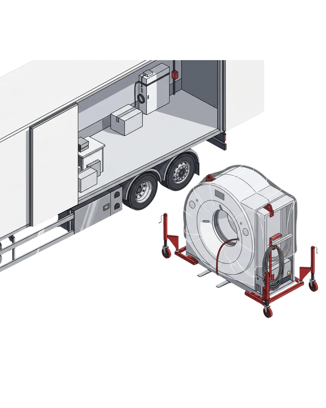 Ilustracja techniczna: załadunek tomografu medycznego na wózku transportowym przez otwarty bok ciężarówki Lodzia firmy Wektor